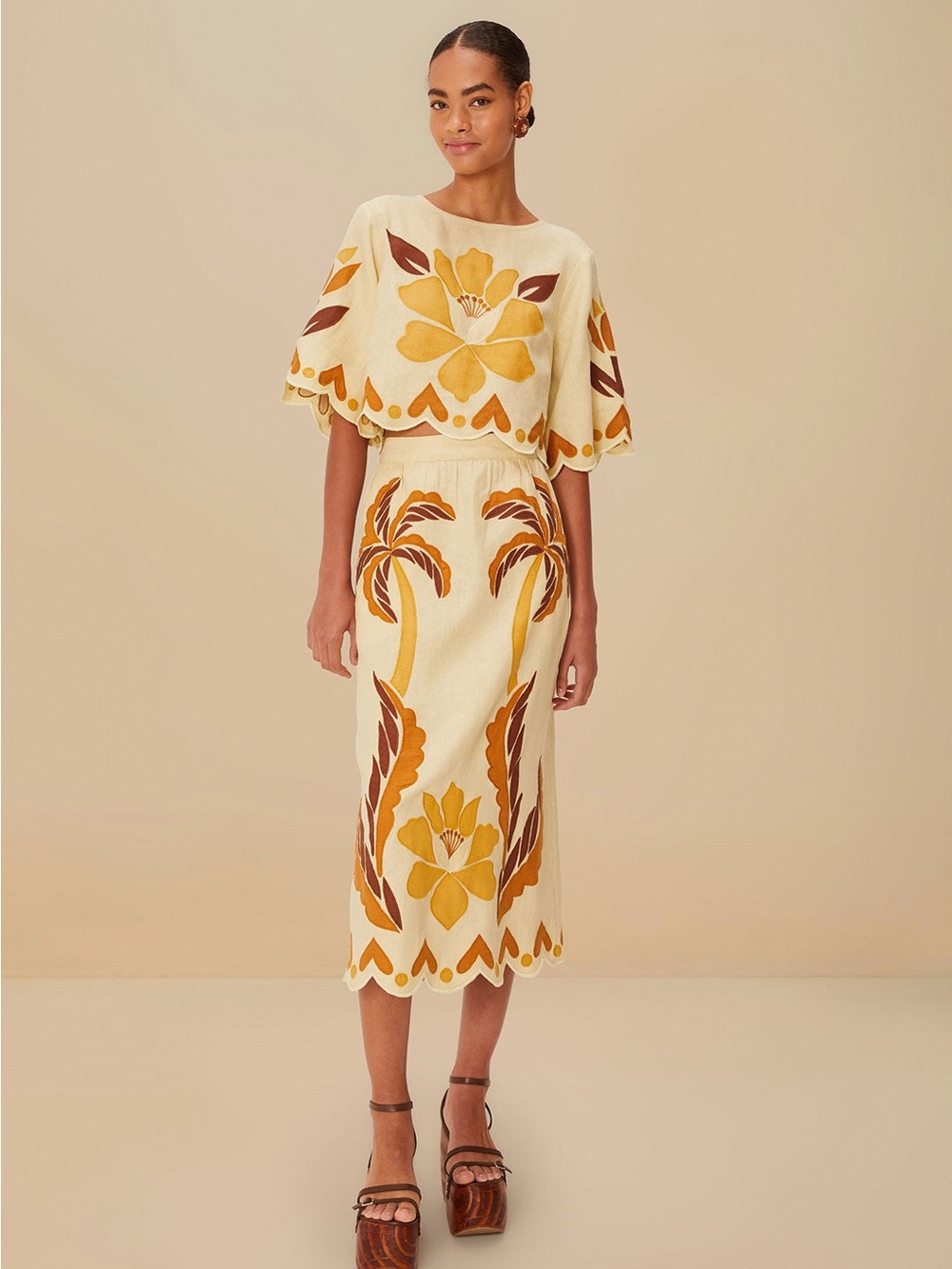 Farm Rio Summer Scalloped Appliqué Linen Two Piece Set – Size XS